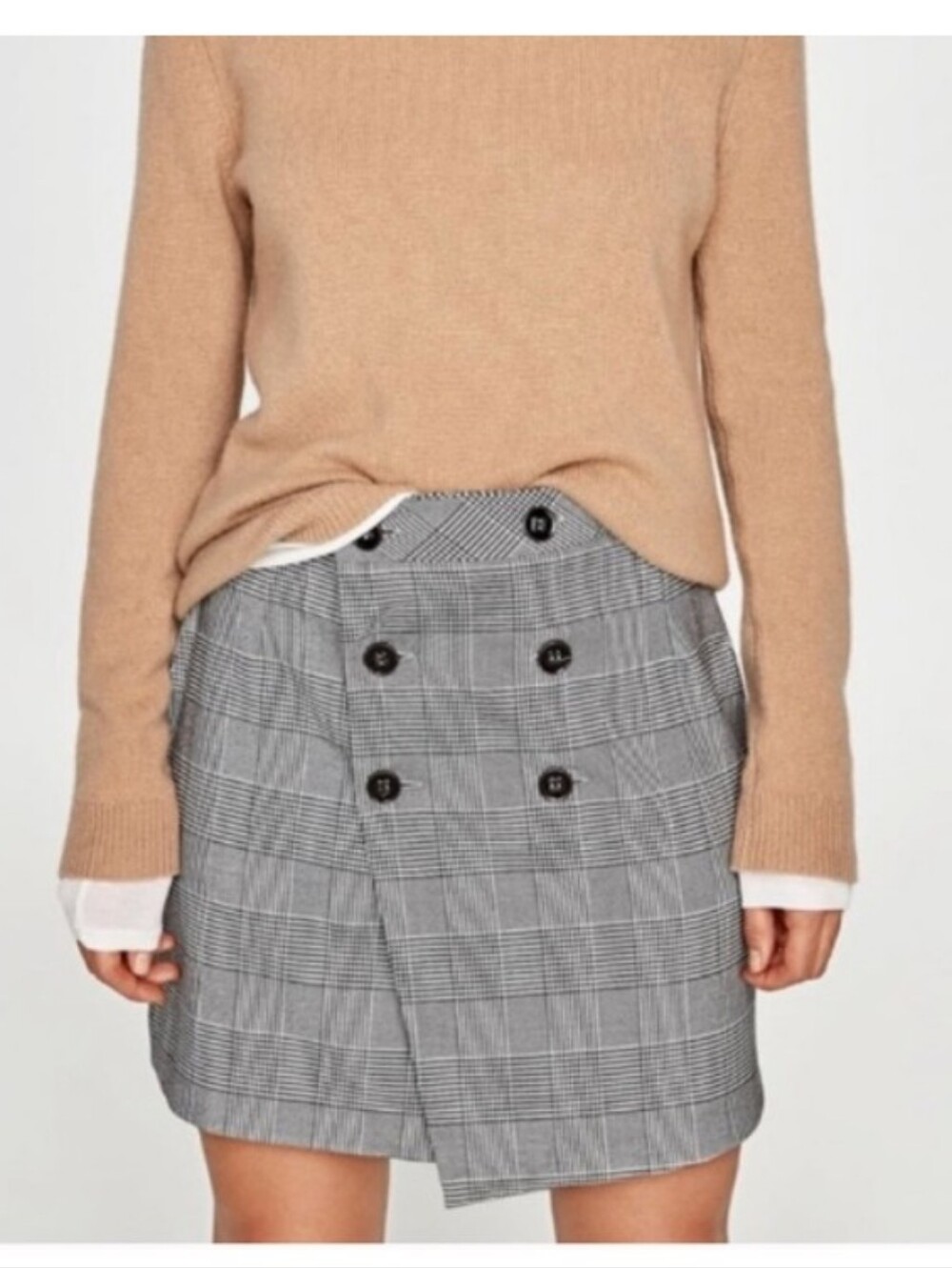 Zara Plaid Front Buttons Pea Houndstooth Mini Skirt M